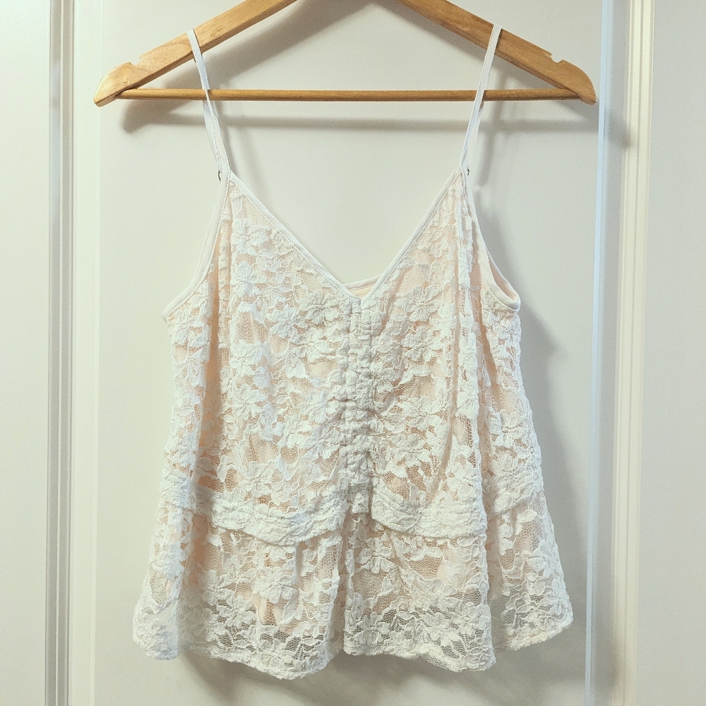 A&F Lace Cami, White & Blush (Size M)